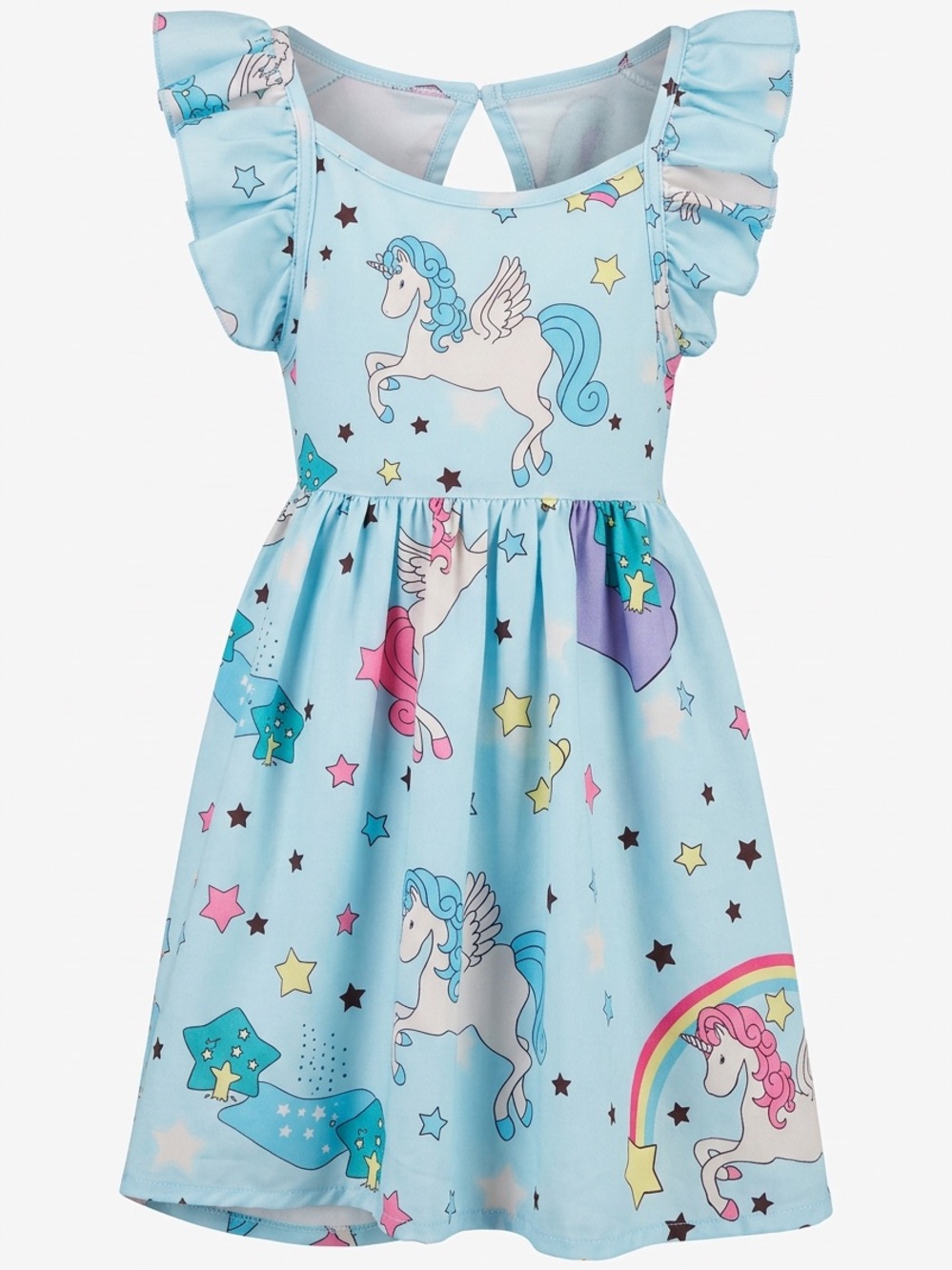 Girls' Light Blue Unicorn Print Ruffle Sleeve Dress